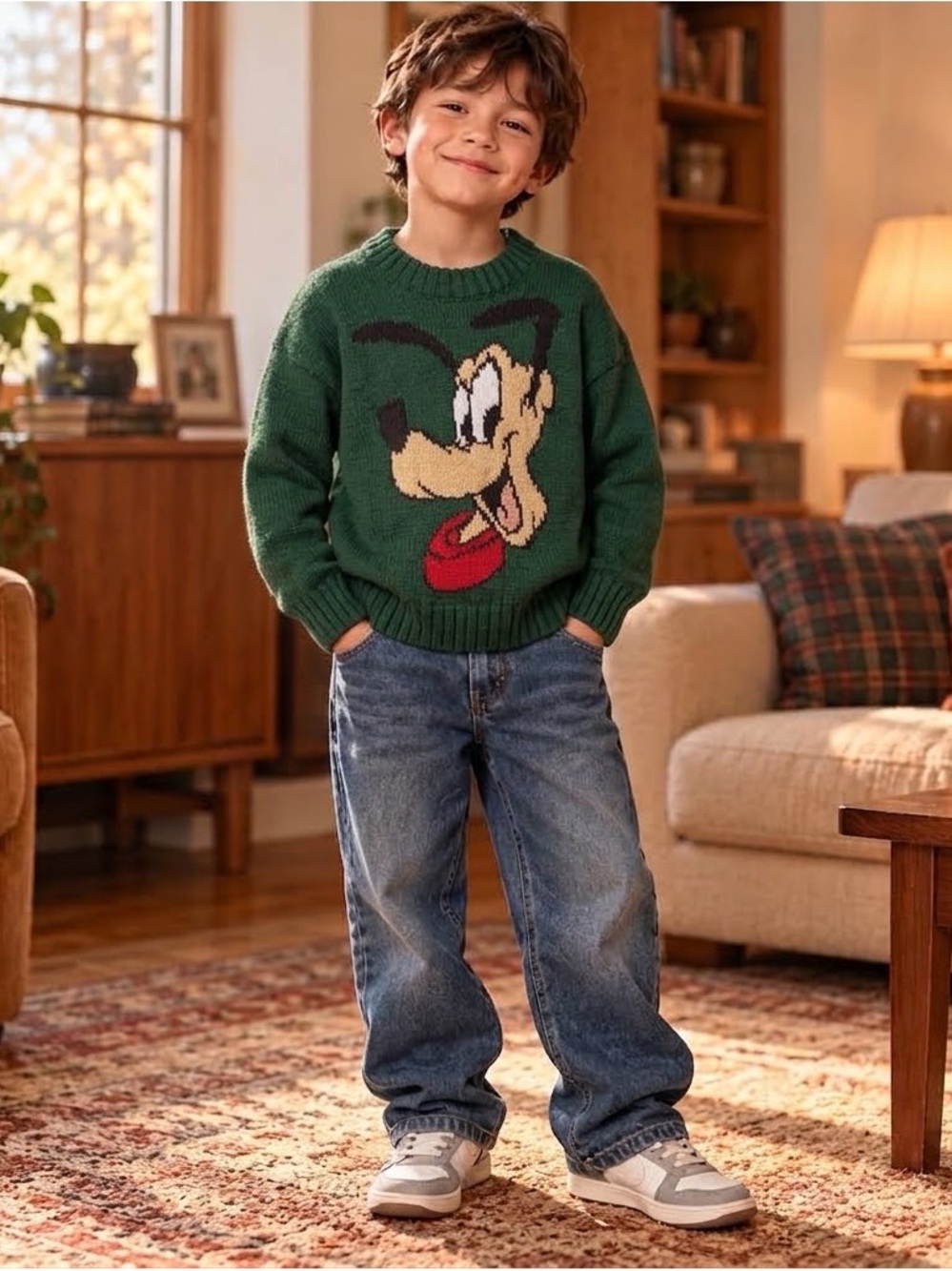Vintage 90s Handmade Pluto Disney Character Knit Sweater Green Kids Youth 10–12